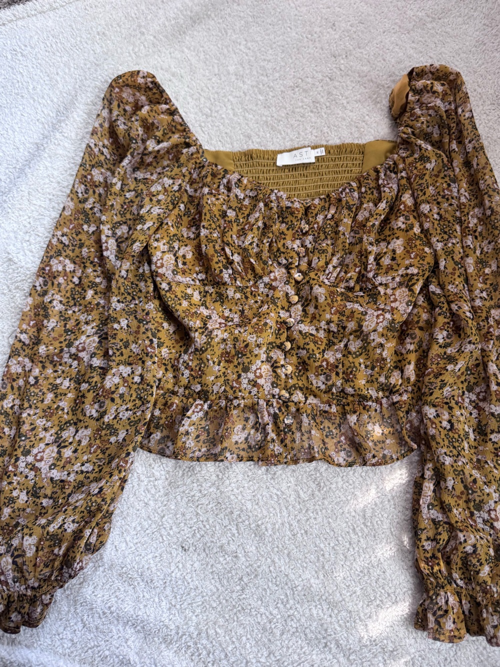 Astr Golden Mustard Floral Smocked Button Front Blouse